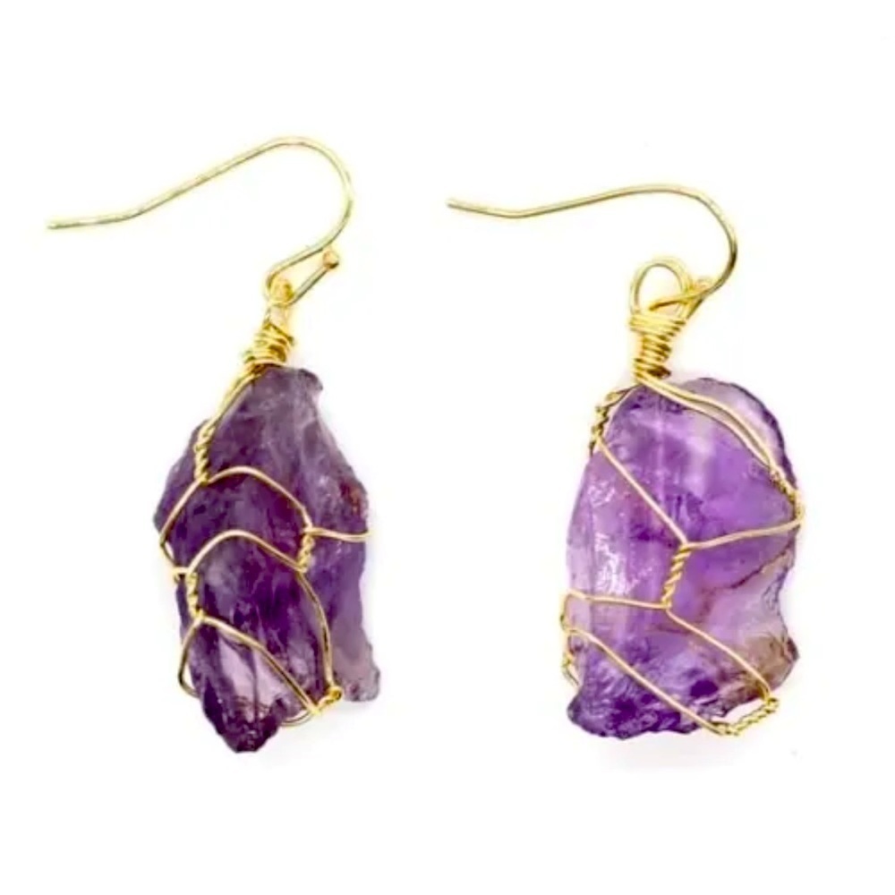 Natural Rose/amethyst Quartz Rough Stone Earrings Wired in gold jewelers wire